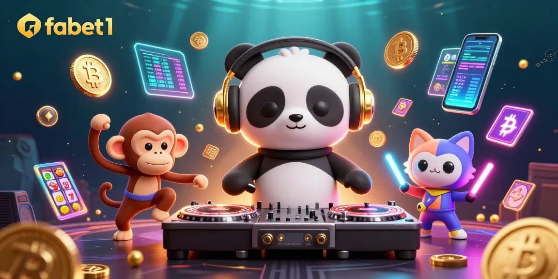 Experience fabet1's vibrant gaming world with a DJ panda and animated characters immersed in casino excitement.