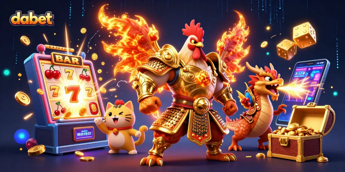 dabet showcases 3D rooster warrior, dragon hatchling, and fortune cat among dynamic casino elements in vibrant detail.