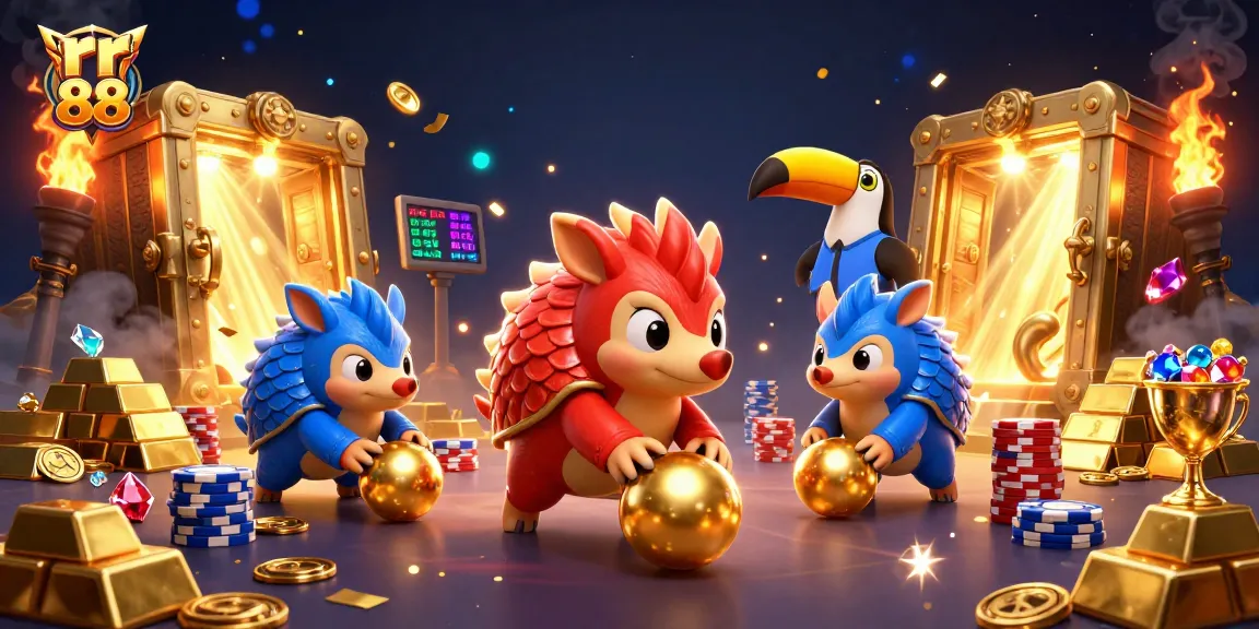 rr 88 pangolins competing while bowling poker chips, showcasing vibrant casino action