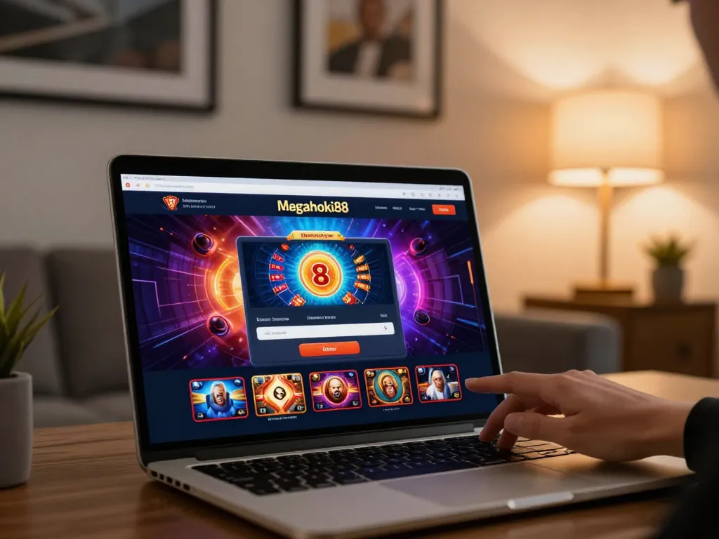 Engaging scene of megahoki88 login on a laptop in a cozy home office, encouraging online gaming.