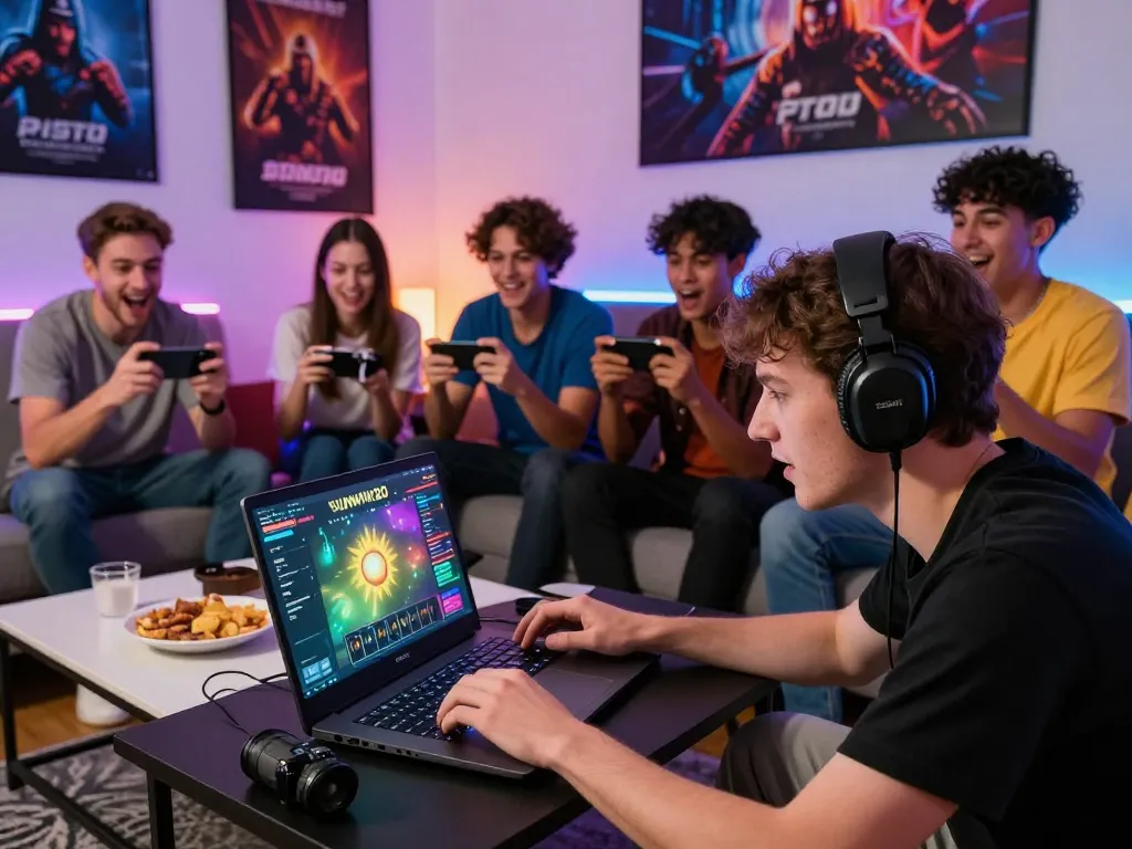 Players enjoying a thrilling gaming session on sunwin20 in a lively living room, showcasing diverse gaming devices and vibrant atmosphere.