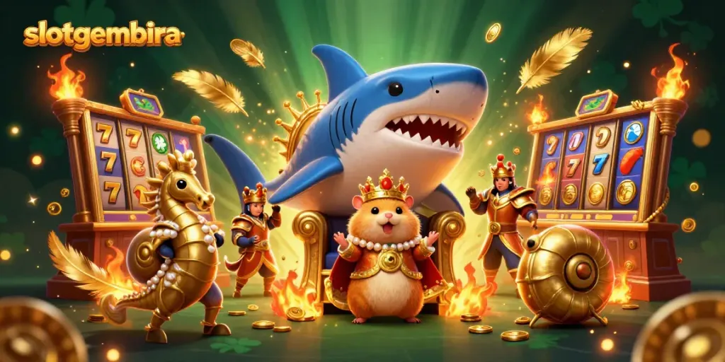 Experience slotgembira excitement with a golden hamster king and dynamic slot elements in an engaging casino scene.