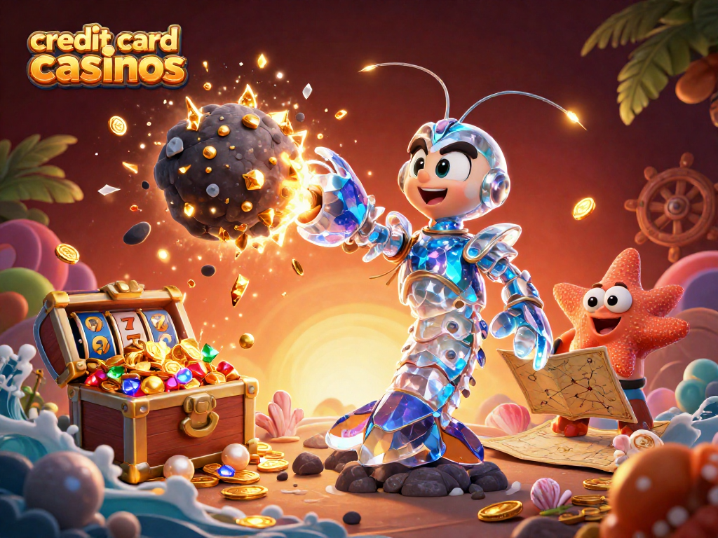 Engage with credit card casinos in a vibrant 3D scene featuring energetic action and classic gaming elements.