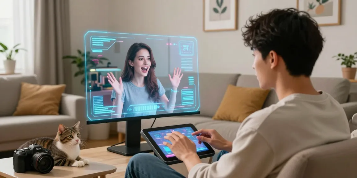 AI girlfriend character interacting with a user in a cozy home setting, showcasing virtual dating.