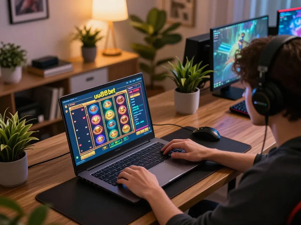 Play casino slots and strategically bet at uu88 bet in a cozy home gaming setup