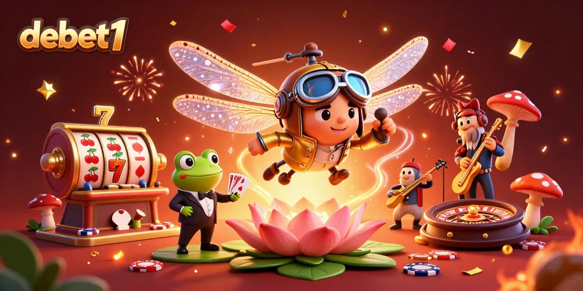 Engage in thrilling gambling adventures with debet1 at a vibrant 3D casino scene featuring lively characters.