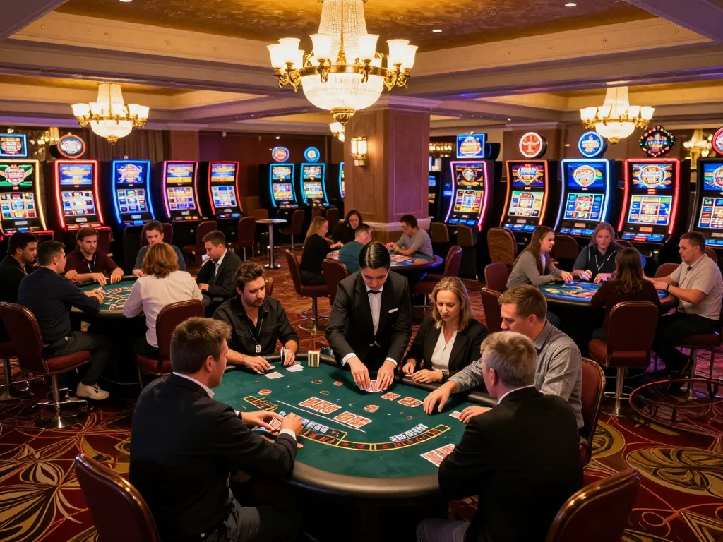 Players enjoying games at TG88 casino, vibrant slots and card tables create an exciting atmosphere.