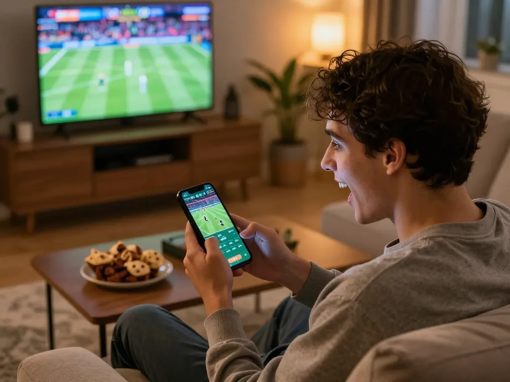 EE88 player enjoying sports betting on smartphone in a cozy home atmosphere with excitement