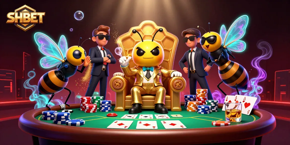 SHBET showcases an exciting 3D casino illustration, featuring a bumblebee mob boss and poker elements.