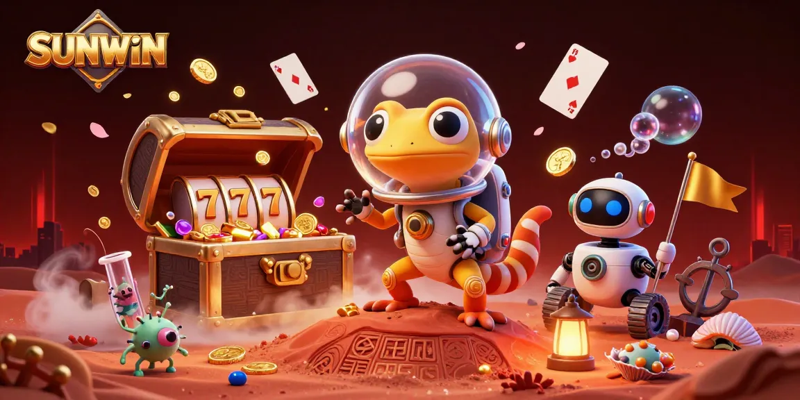 SUNWIN showcases a Martian gecko exploring a casino filled with slot machines and treasure.
