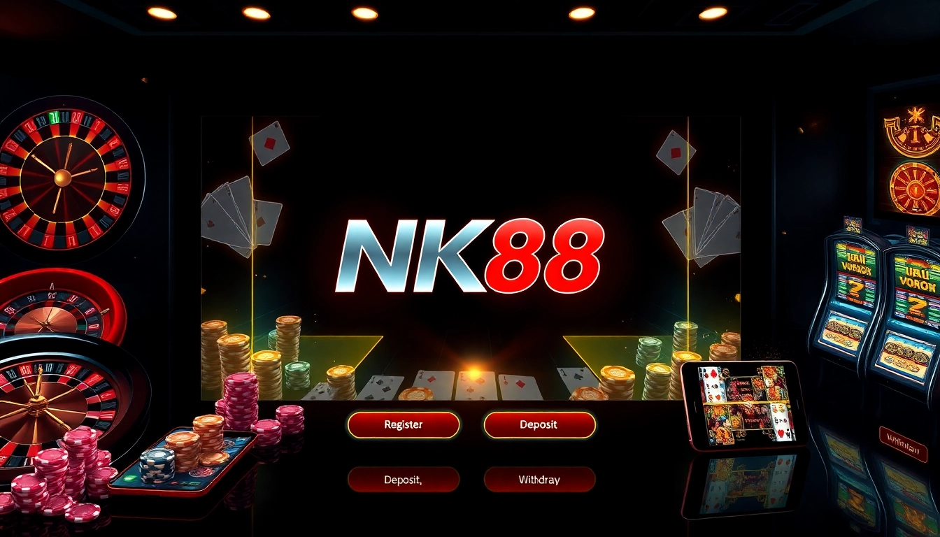 Engaging NK88 Trang chủ interface showcasing secure betting with poker chips and roulette wheel