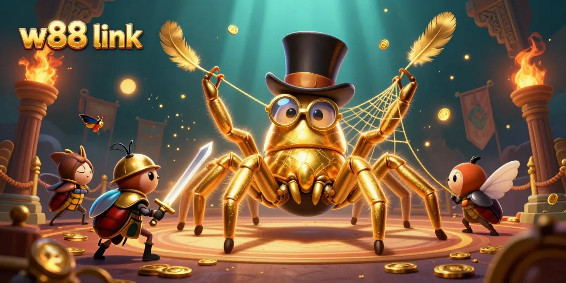 Engage with exciting w88 link gaming adventures featuring a cartoon tarantula, beetle knight, and thrilling casino elements.