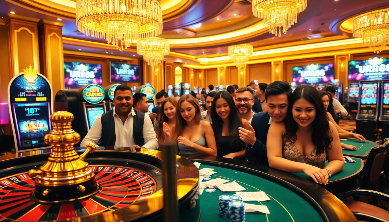 Glamorous gambling scene showcasing excitement at https://urr88.com/ casino with roulette and slot machines.