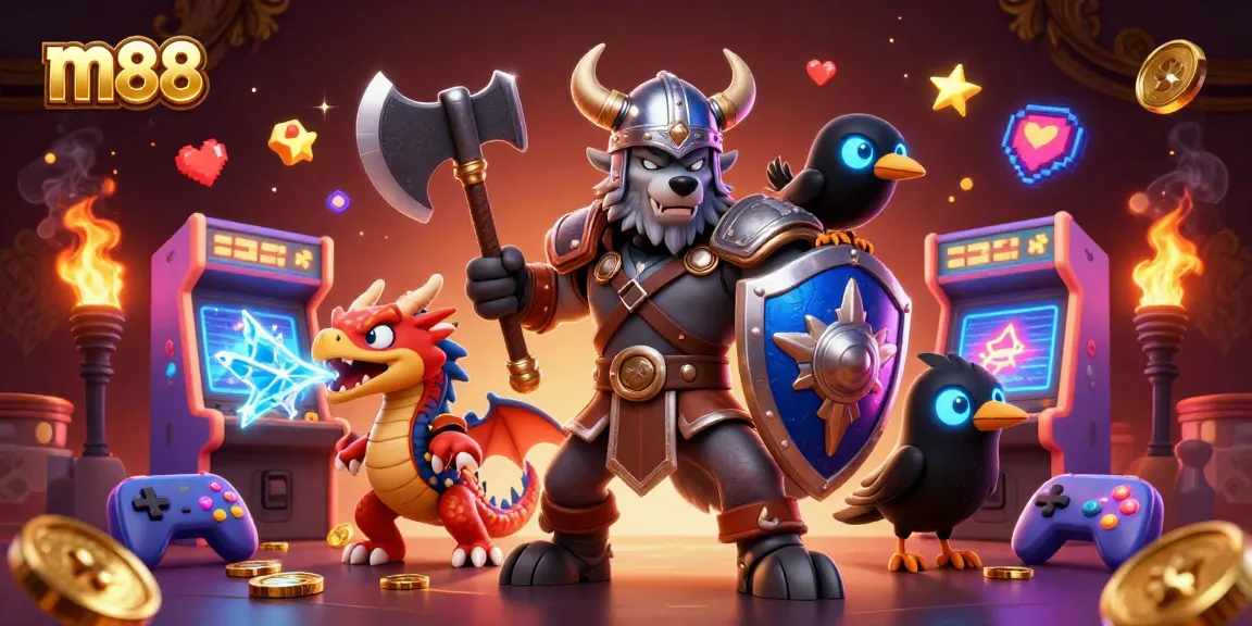 Putar untuk menang dengan m88 sebagai pejuang serigala Viking, naga ganas, dan elemen fantasi bercahaya mengisi adegan.