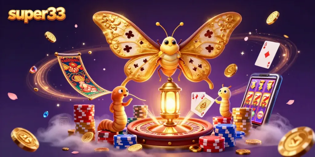 Experience super33 with a vibrant scene of casino elements and lively cartoon motifs.