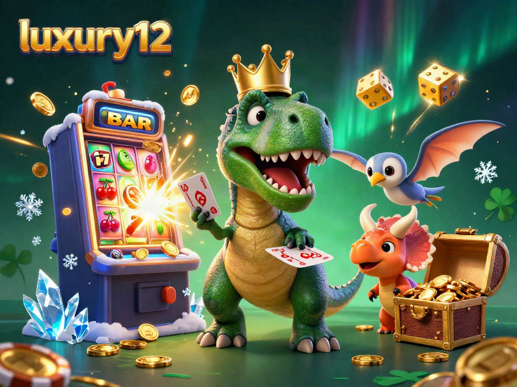 Gambar luxury12 menggambarkan permainan kartu dengan karakter lucu dinosaur dan simbol mesin slot yang menarik.