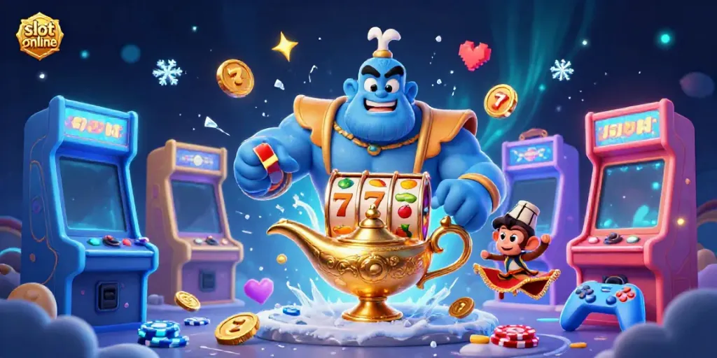 Enjoy the magic of slot online with a dynamic genie, a monkey, and colorful gaming elements.