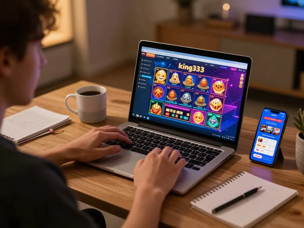 Engaging online casino gameplay at king33 on a modern laptop, displaying vibrant game graphics and strategic notes.