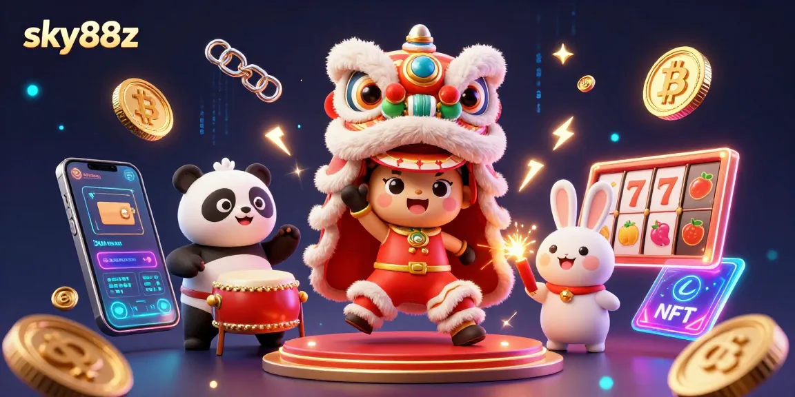 Engage with sky88z for thrilling casino action featuring a lion dance, crypto coins, and vibrant illustrations.