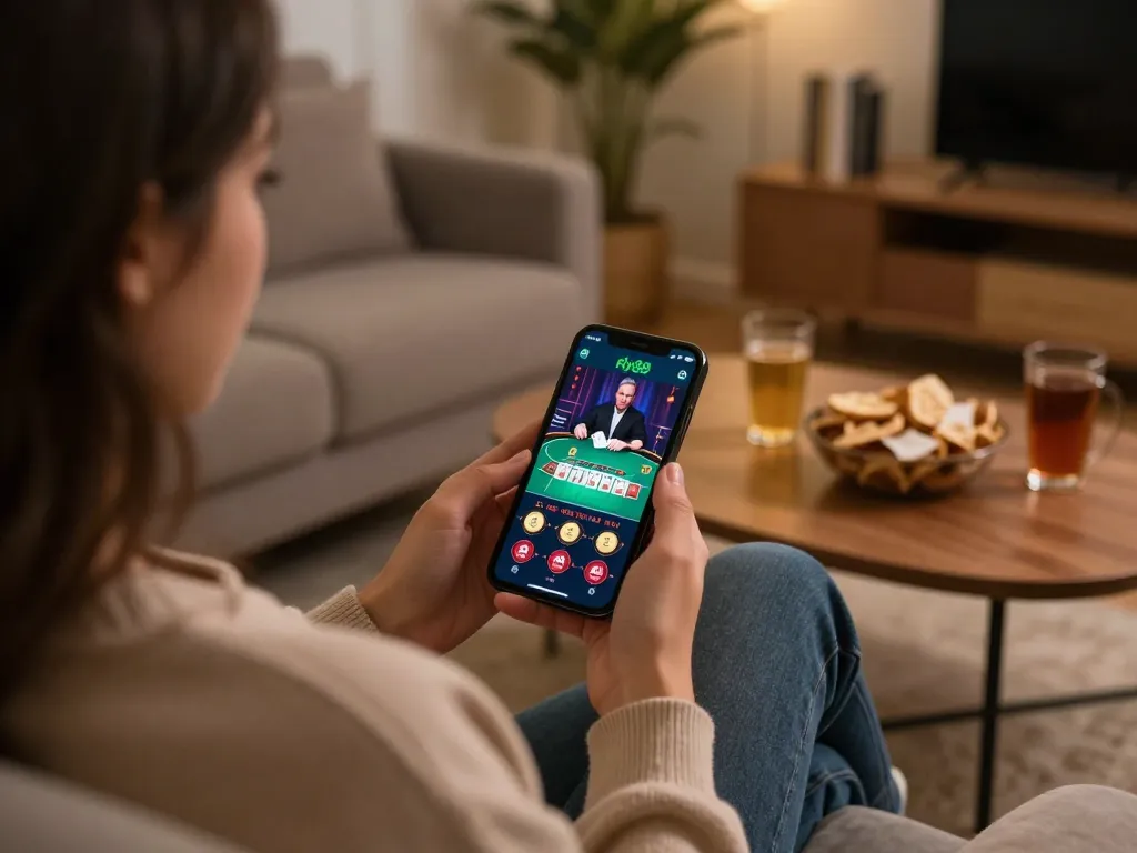 Engaging scene of a player using the fly88 app for mobile blackjack gaming at home.