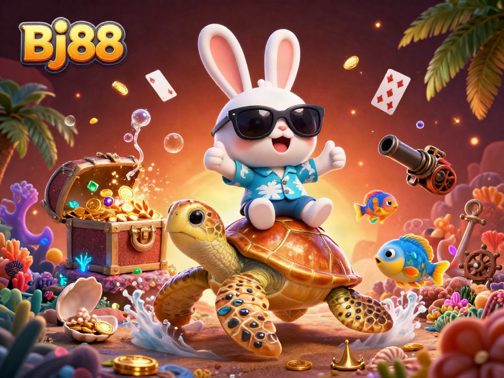 Bj88 enthralling scene with a cartoon rabbit, a giant sea turtle, and underwater treasures in a vibrant casino adventure.