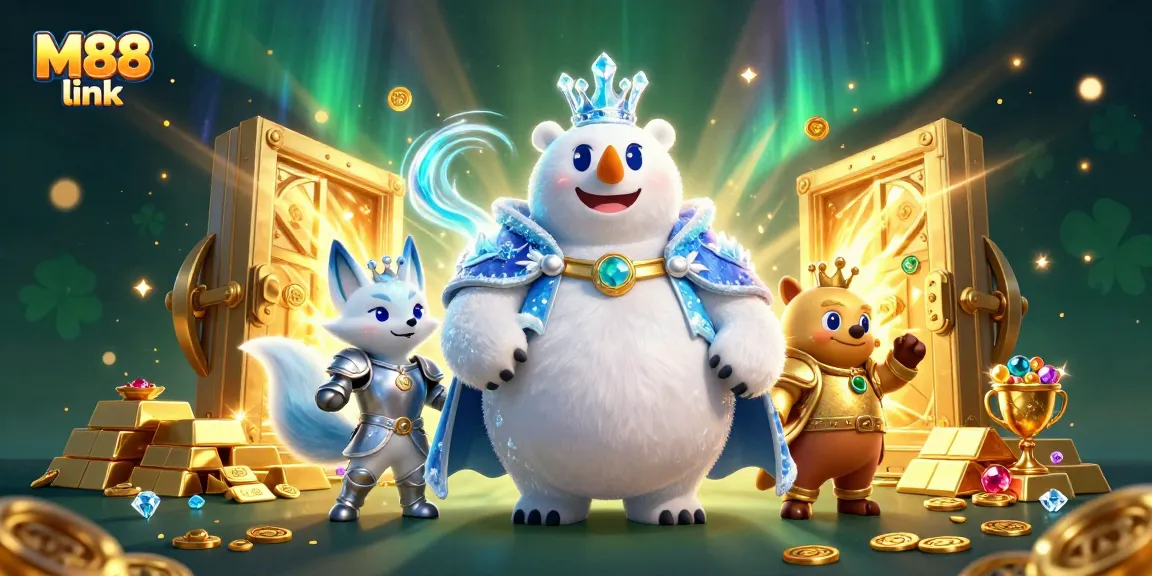 Unlock excitement with M88 link in a vibrant 3D casino scene of treasures and gaming elements.