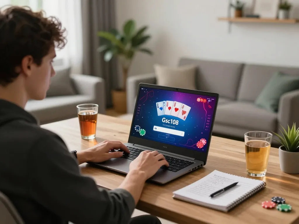 Antarmuka Login Gsc108 ditampilkan di layar laptop dengan pemain yang fokus terlibat dalam perjudian online.