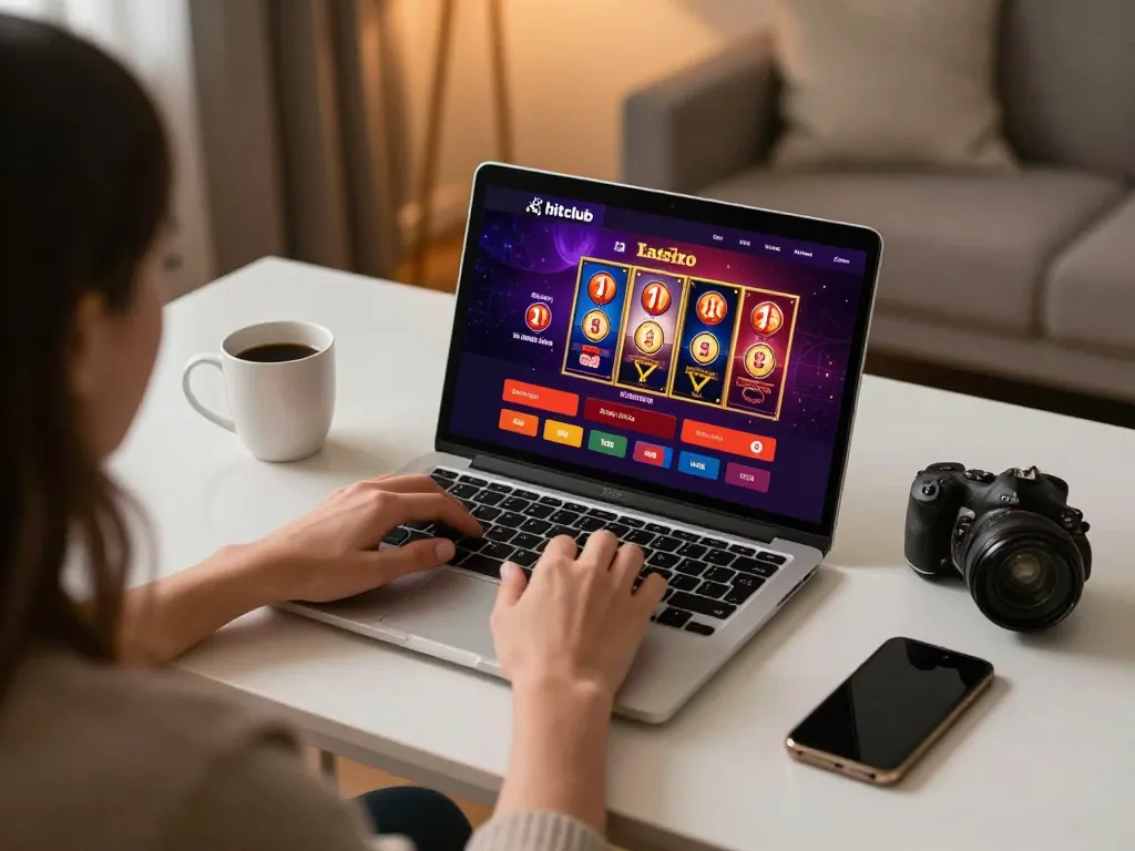 Person enjoying online gameplay on the hitclub app in a comfortable home setting.