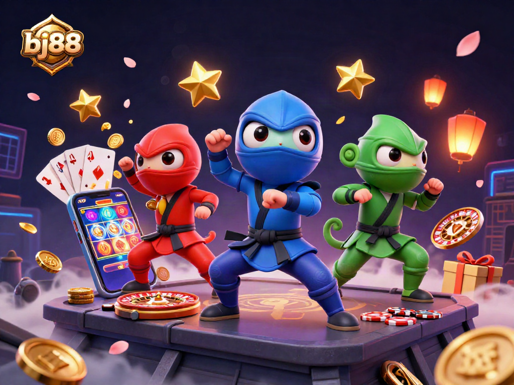 Engage with the vibrant bj88 scene of ninja chameleons showcasing exciting slots and casino elements.