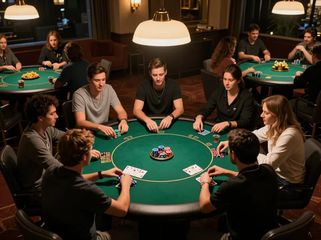 Friends enjoying a poker night with w4u strategy, chips and cards displayed on a green felt table.