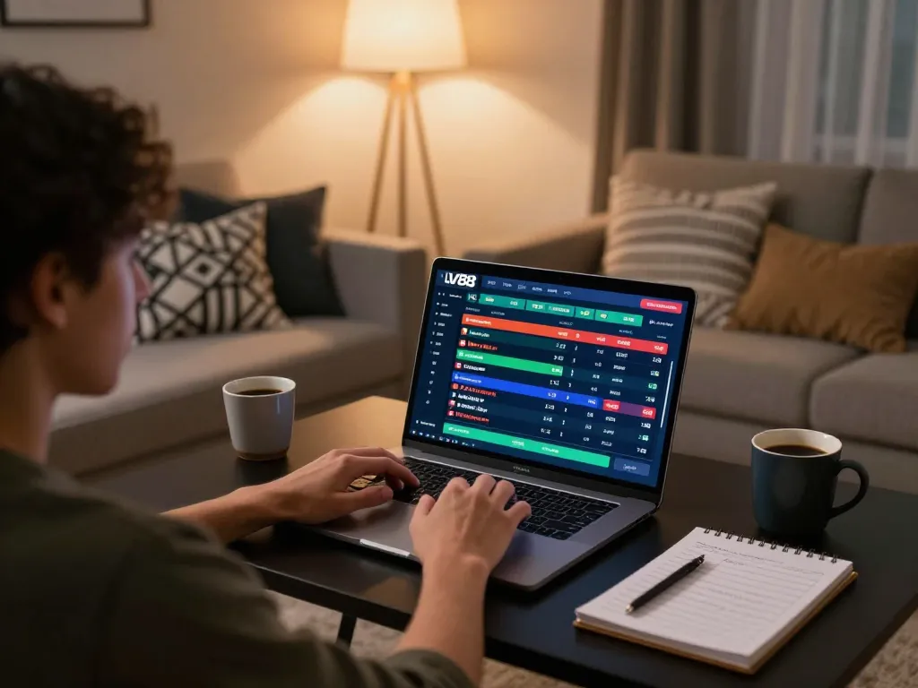 Player engaging in sports betting on LV88 app at home with cozy atmosphere and strategic notes