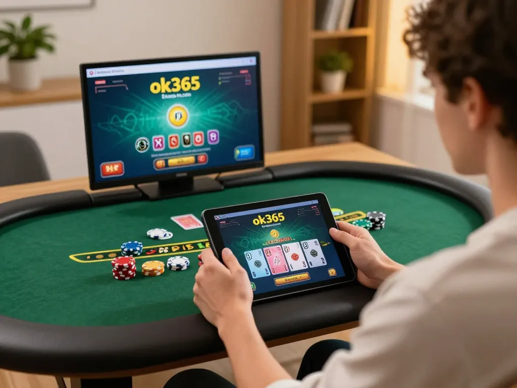 Engage with thrilling blackjack gameplay at ok365.br.com using a tablet in a stylish home setup