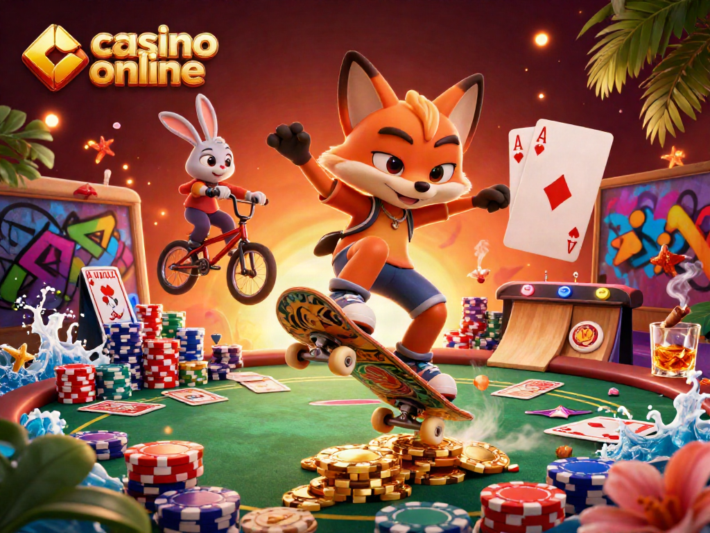 Engaging 3D illustration of casino online elements with a skateboarder fox and BMX rabbit.