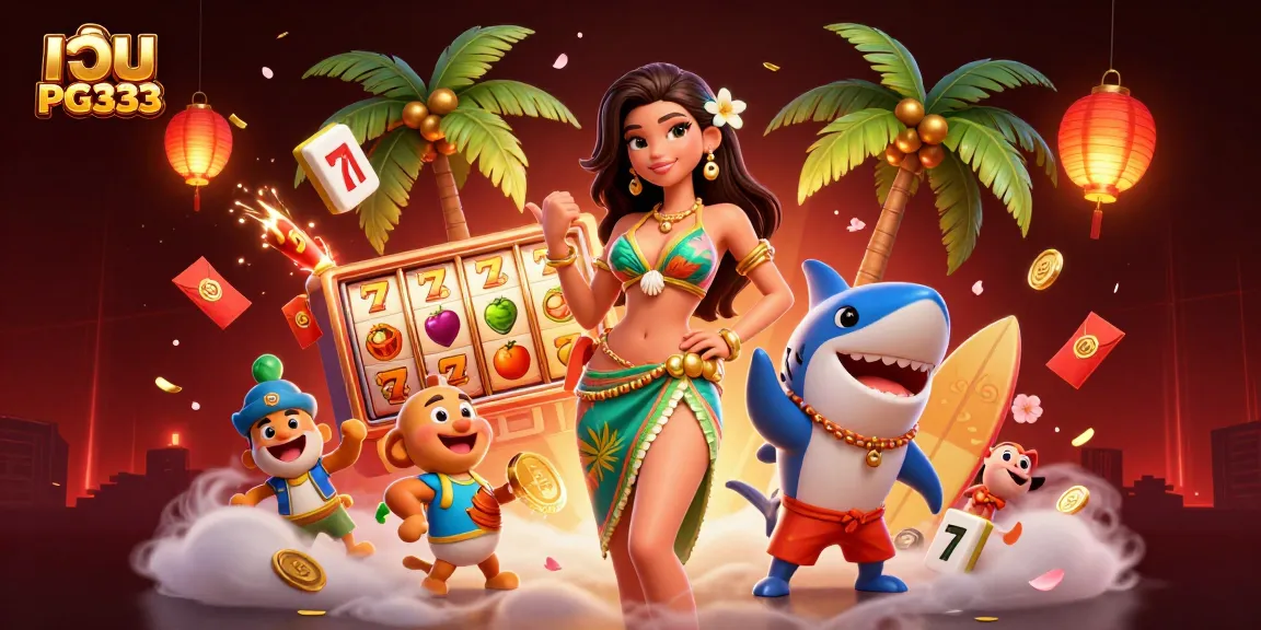 Engage with เว็บ PG333 through this dynamic 3D casino illustration showcasing vibrant slot reels and festive decor.