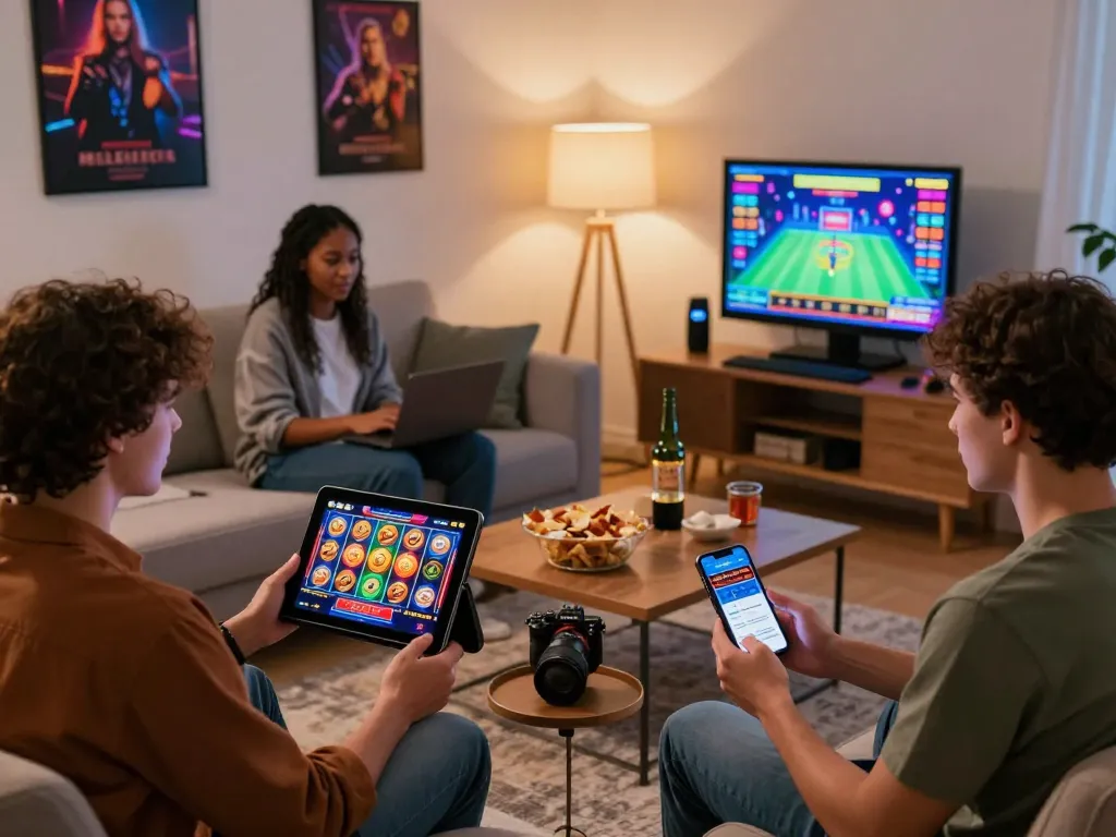 Luckywin players enjoying a lively online casino gaming experience in a cozy setting