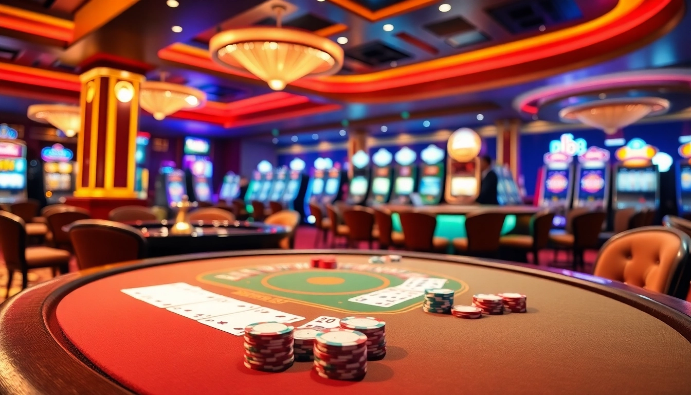 Engaging players at nhà cái dh88 with a vibrant casino scene featuring a poker table and roulette wheel.