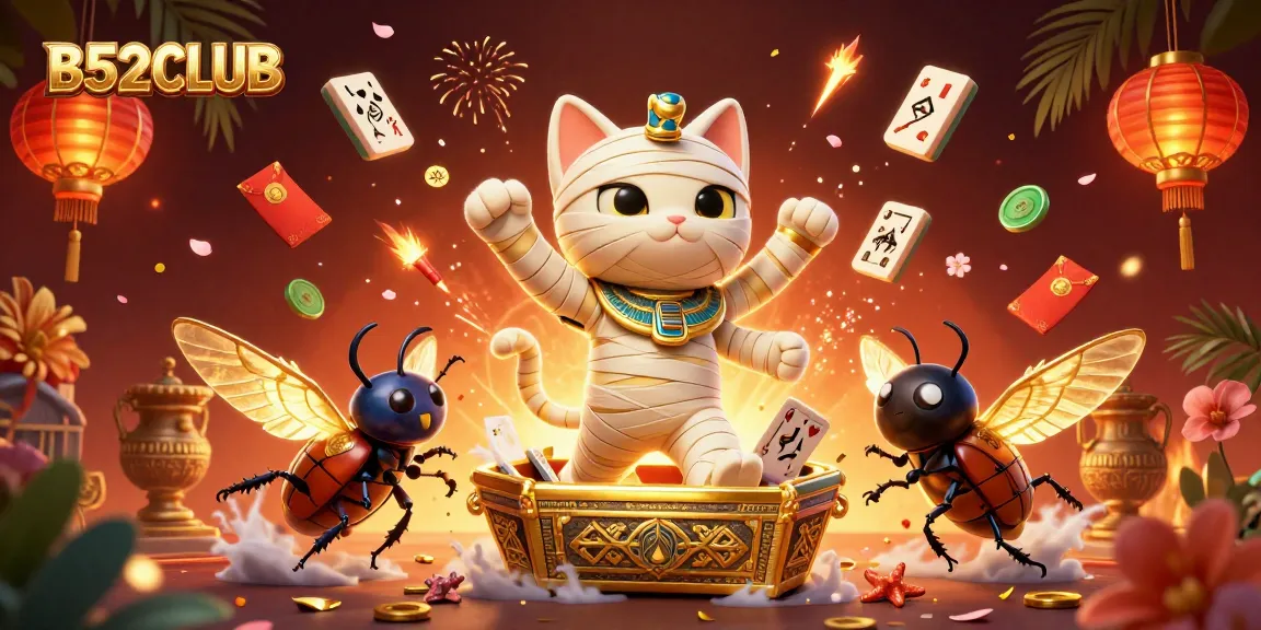 B52CLUB reveals thrilling casino adventures with an Egyptian mummy cat and glowing companions.