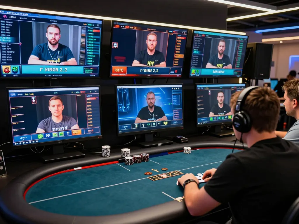 Engaging poker gameplay on sunwin platform, showing professional setup with multiple screens and live interaction.