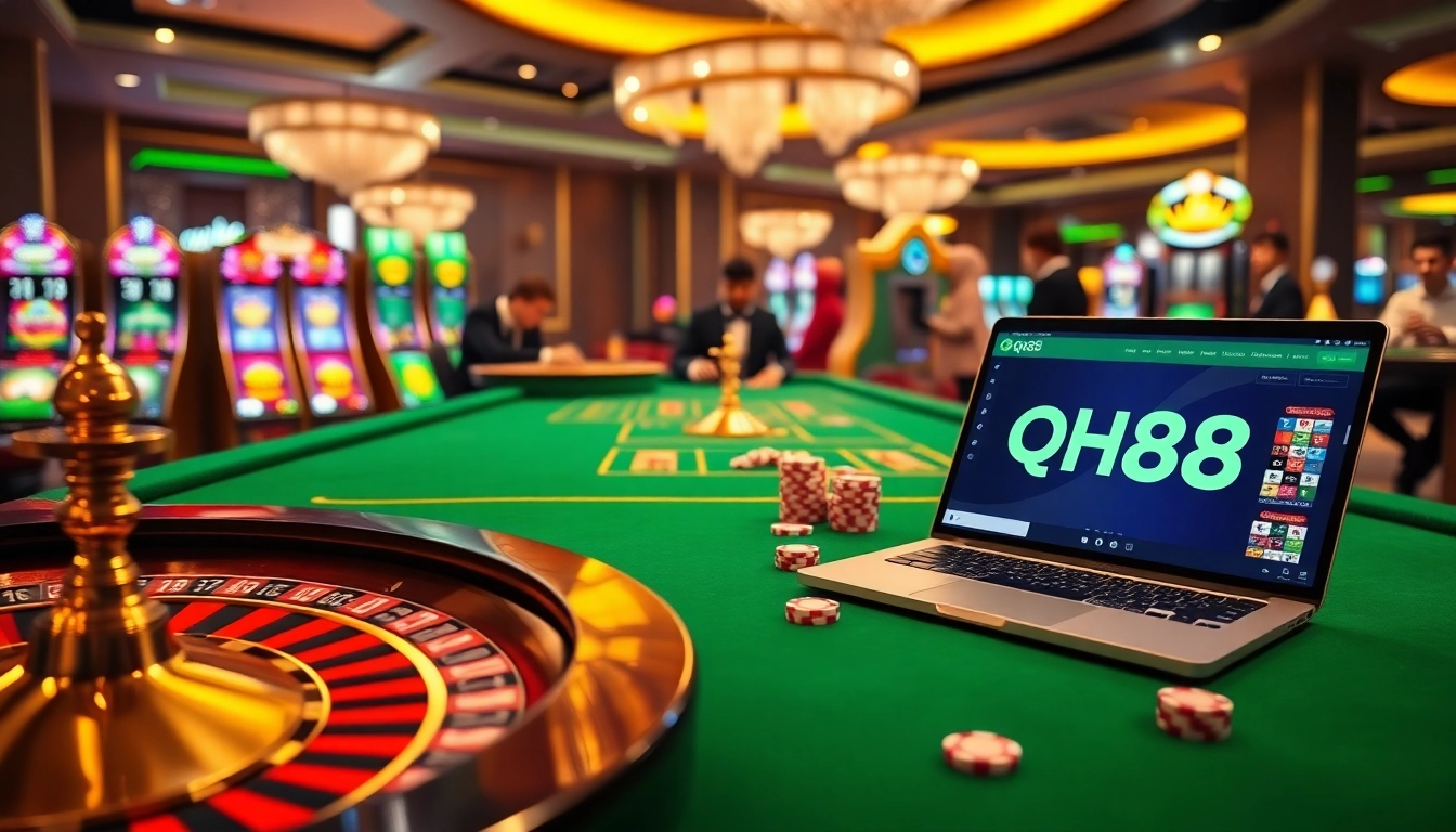 The excitement of qh88 gaming at a luxurious casino with roulette and poker chips.