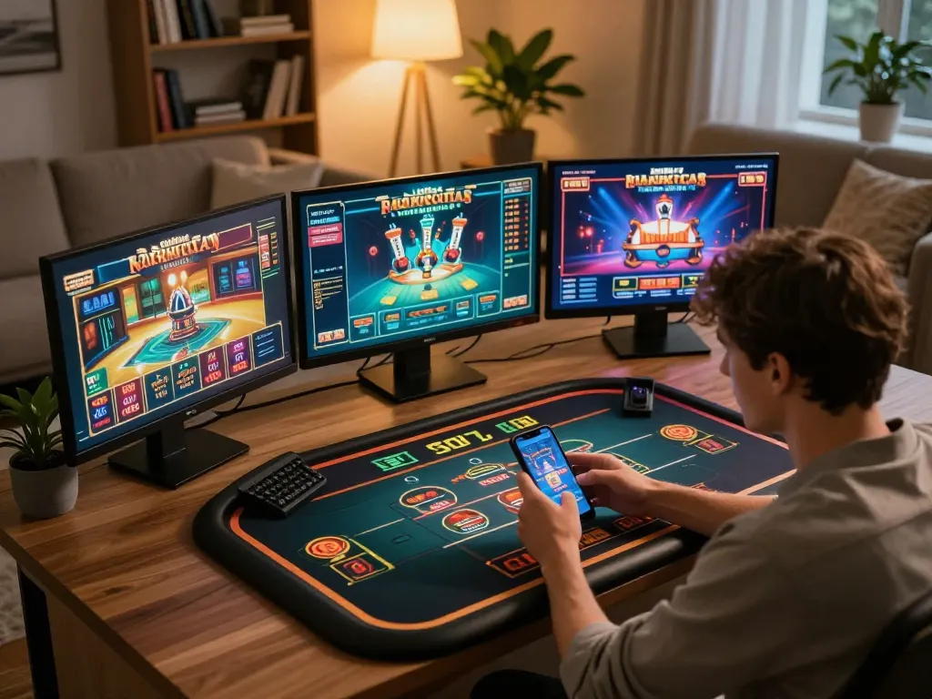 KK55 user engaging in online gaming on a smartphone in a cozy living room atmosphere.