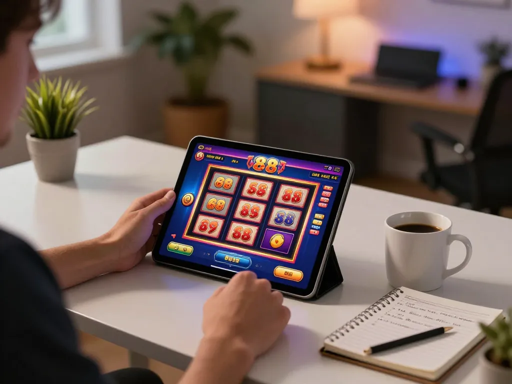 Playing slot 88 game on a tablet in a cozy home setting with strategic notes visible