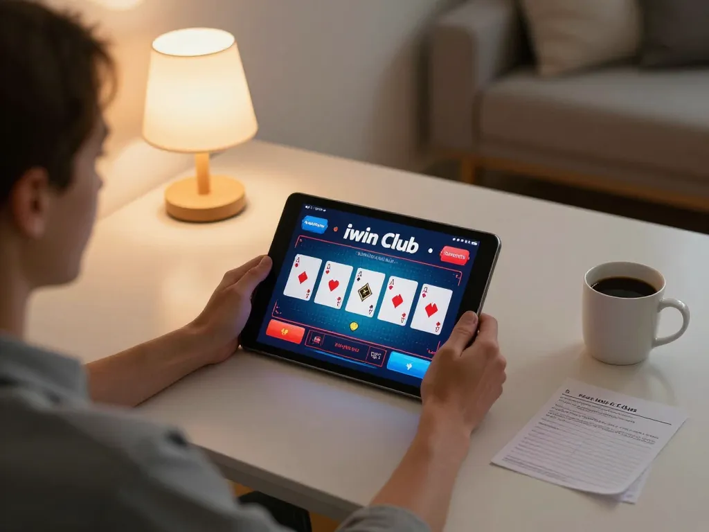 Engaging scene of iwin club online gaming with poker cards on tablet