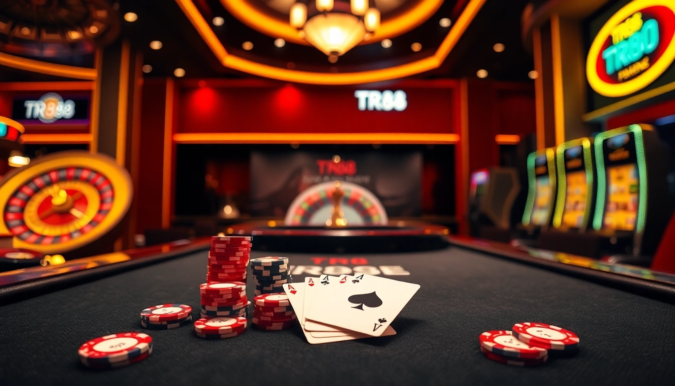 Engage in thrilling card action at TR88 premium casino, featuring poker and luxurious gaming tables.