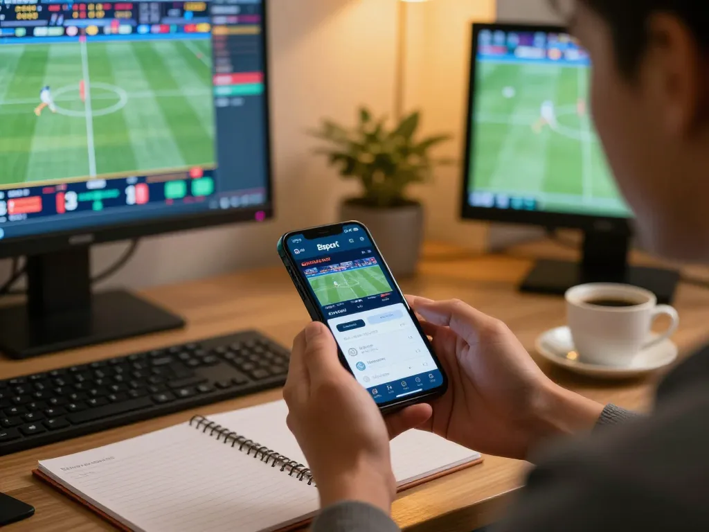 Betting enthusiast using the Bsport app for live sports analysis and wagering.