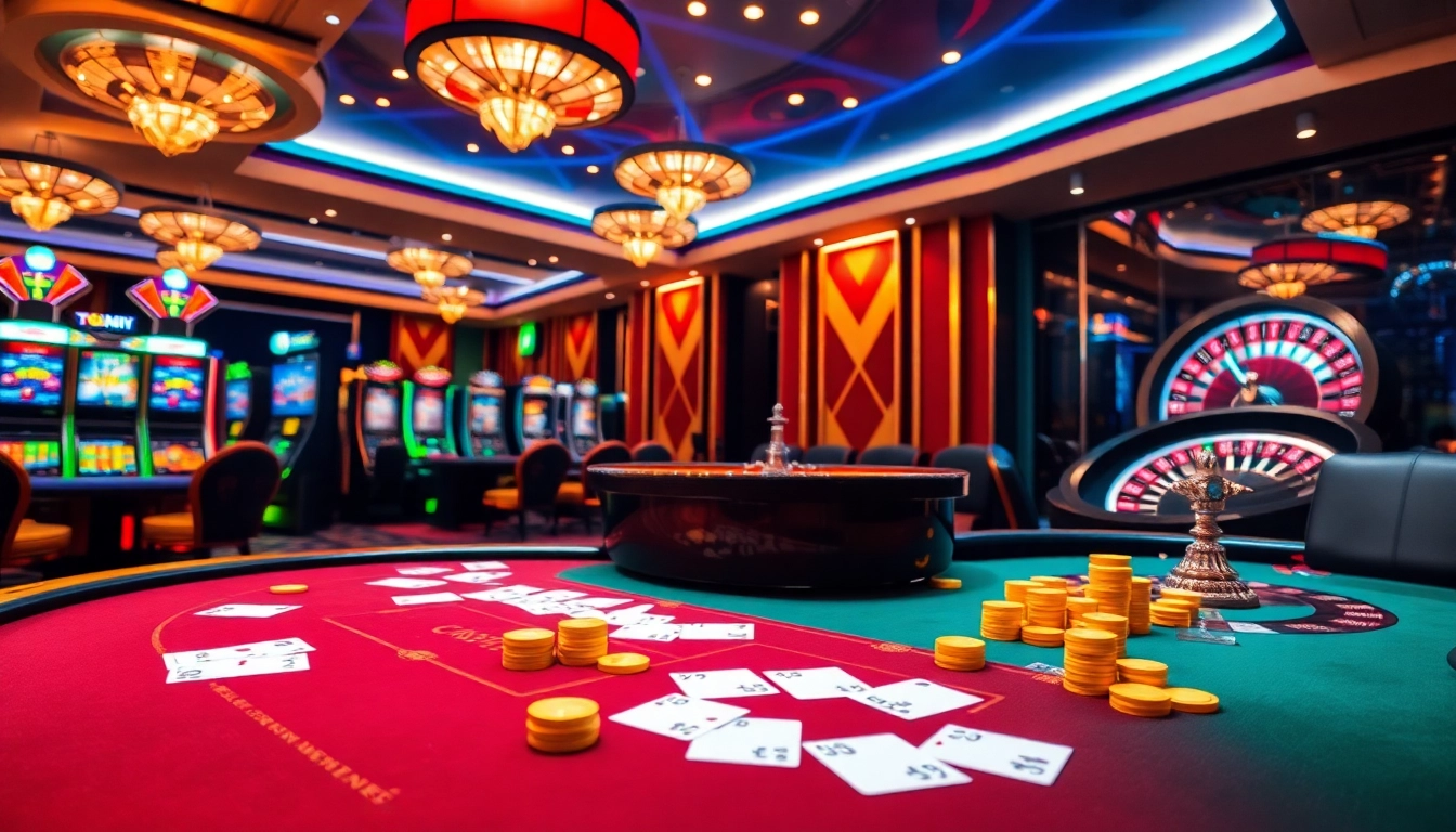Players enjoying an exciting game at TR88 bet casino with vibrant slot machines and poker tables in view.