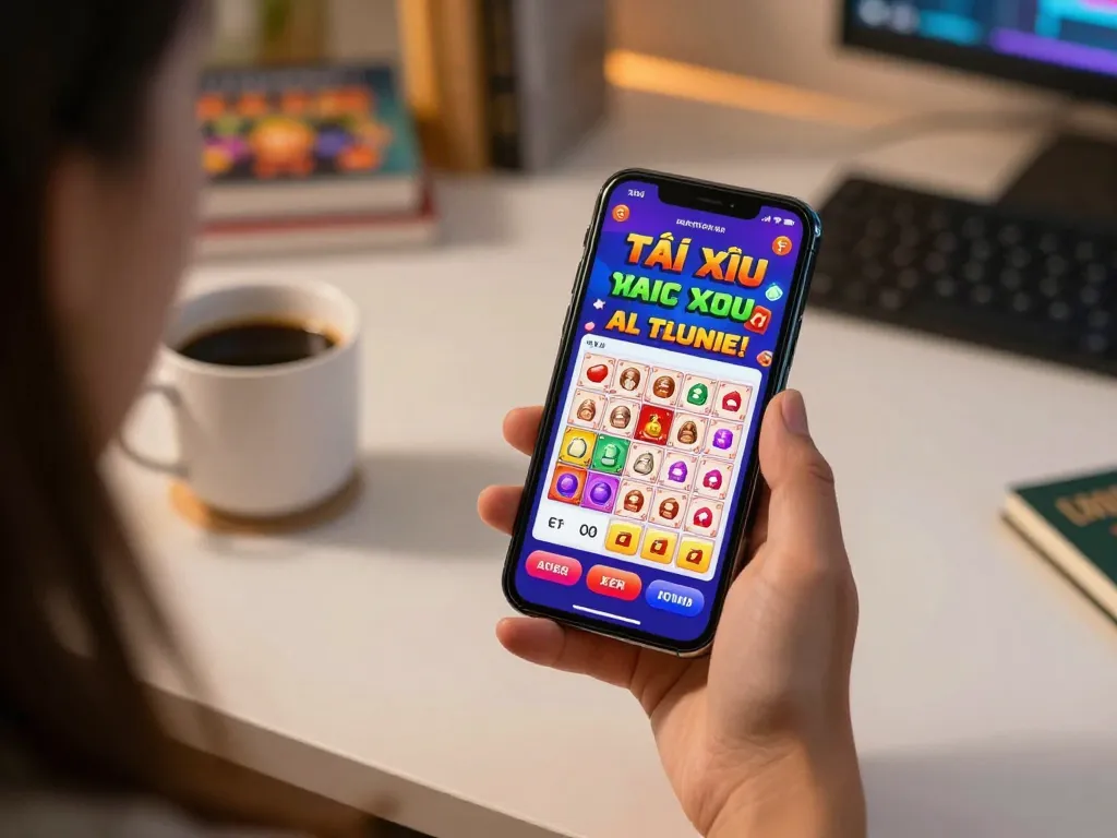 Tài xỉu online betting on a smartphone in a cozy home environment