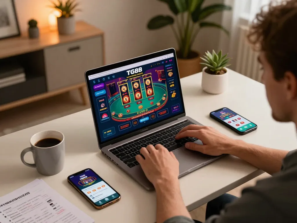 Player engaging with the TG88 online casino platform on laptop, showcasing a dynamic gaming atmosphere