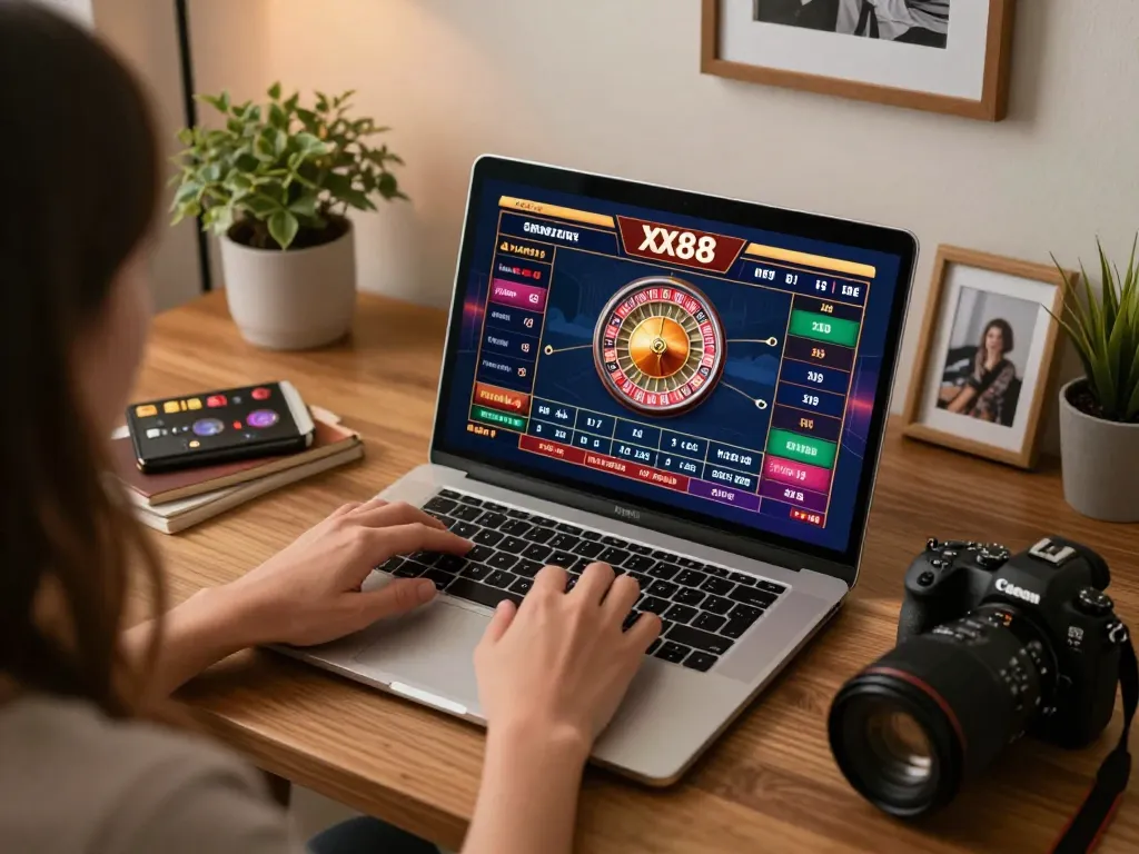 Engaged player at an online XX88 casino game on a laptop in a cozy home office.