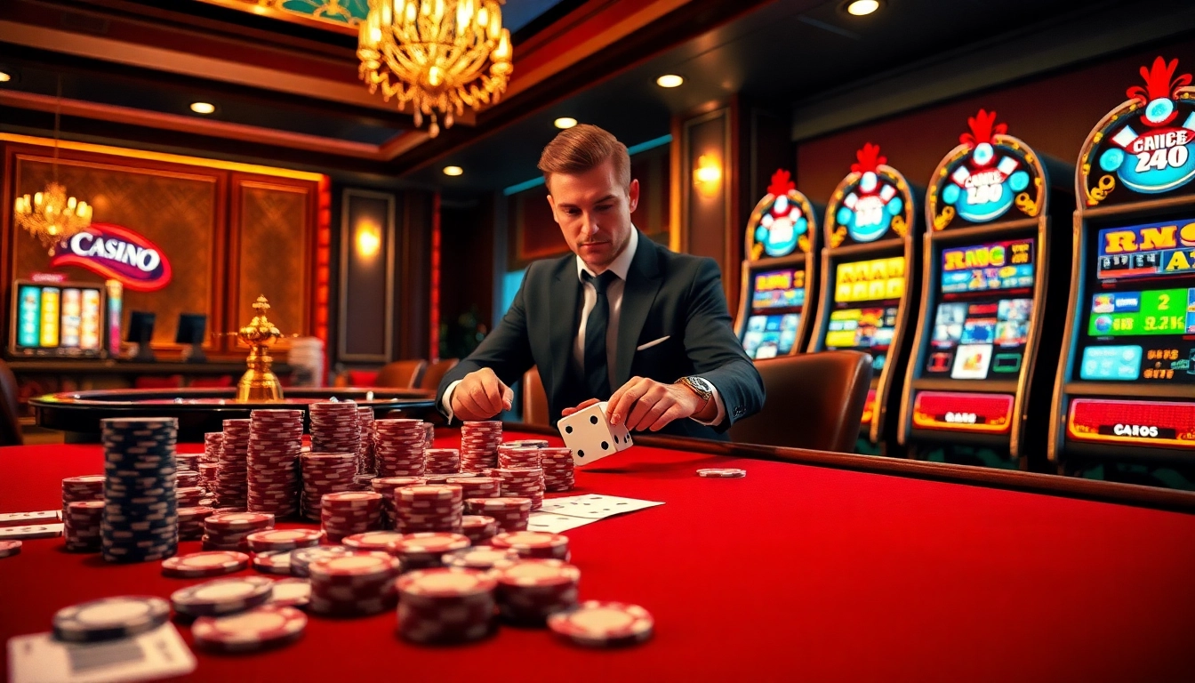 Players enjoying a thrilling game at BEM88's luxurious casino, featuring poker chips and roulette wheels.