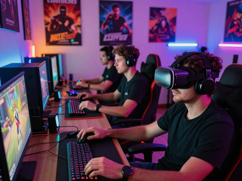 Players enjoying porngames on various devices in a vibrant gaming room.